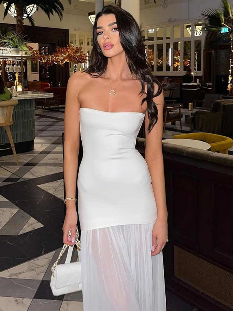 TAVIMART  -  Women White Patchwork A-line Evening Dress 90s Vintage Off Shoulder Long Dresses Y2k Elegant One Piece Frocks 2000s Emo Clothes