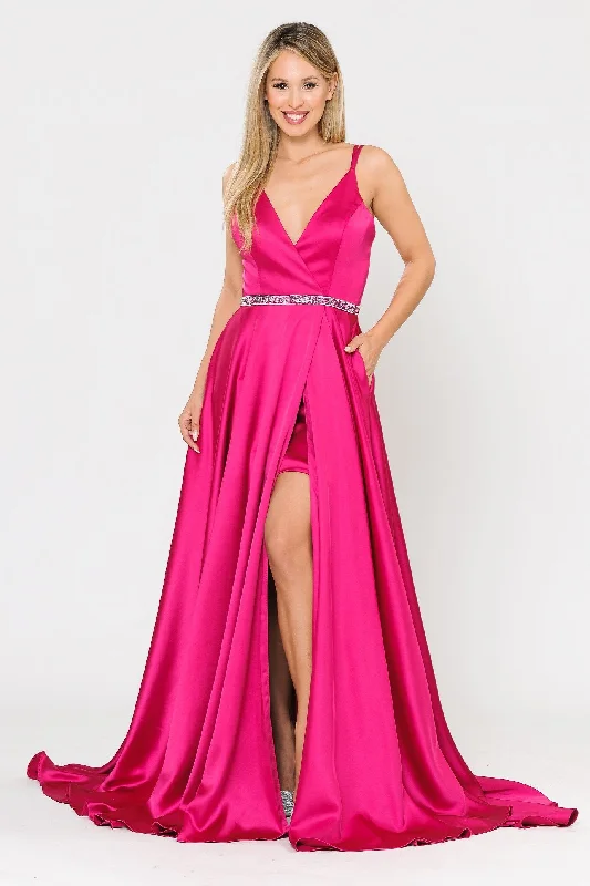 Long Satin V-Neck Dress with Short Skirt by Poly USA 8604