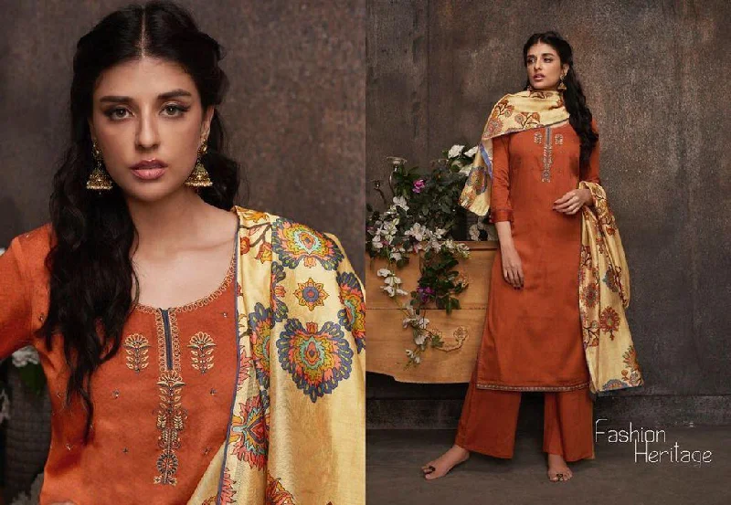 Designer Orange Pashmina Winter Dress Material with Printed Chanderi Dupatta GAN54