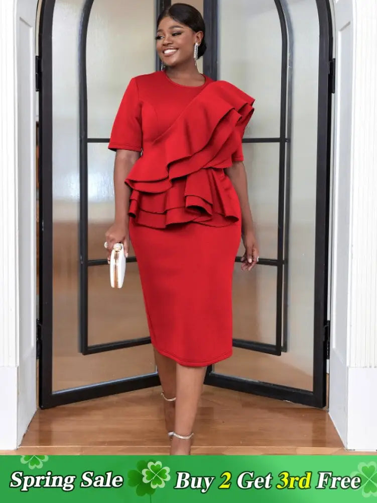 AOMEI Women Ruffles Peplum Dress O Neck Midi