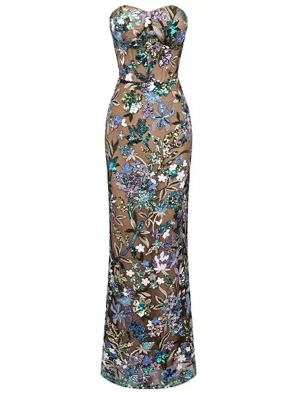 Floral Embroidered Strapless Long Dress