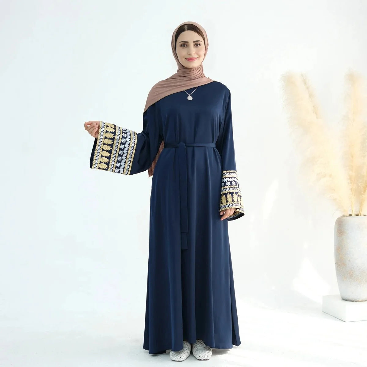 Embroidery Cuff Satin Abaya Dress #24880