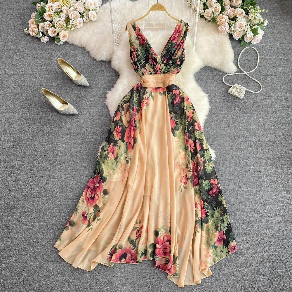 Bonnyshow  Runway Floral Print Midi Long Dress Summer Women Sleeveless Vest Tank Chiffon Dresses Ladies