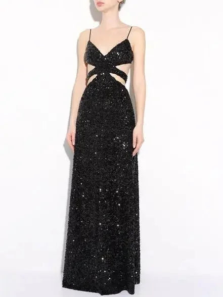Black Sequined Cut Out Long Dress