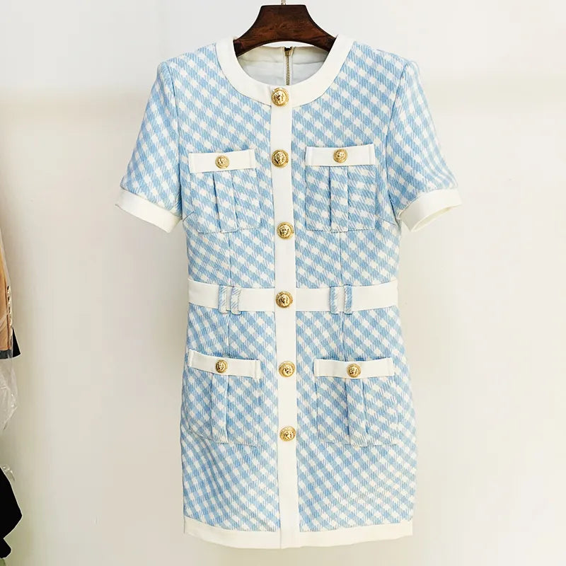 Bonnyshow Newest Fashion 2024 Fall Winter Designer Women's Short Sleeve Lion Buttons Color Block Plaid Tweed Dress