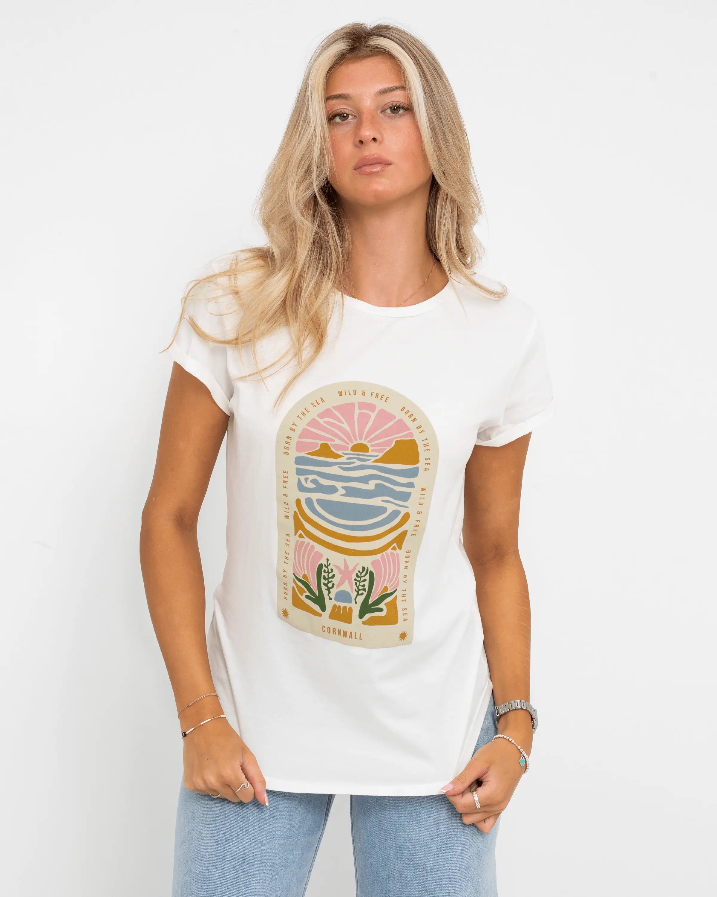 Cornwall Arch T-Shirt in Stone Washed White Machine Wash Dry Clean Hand Wash