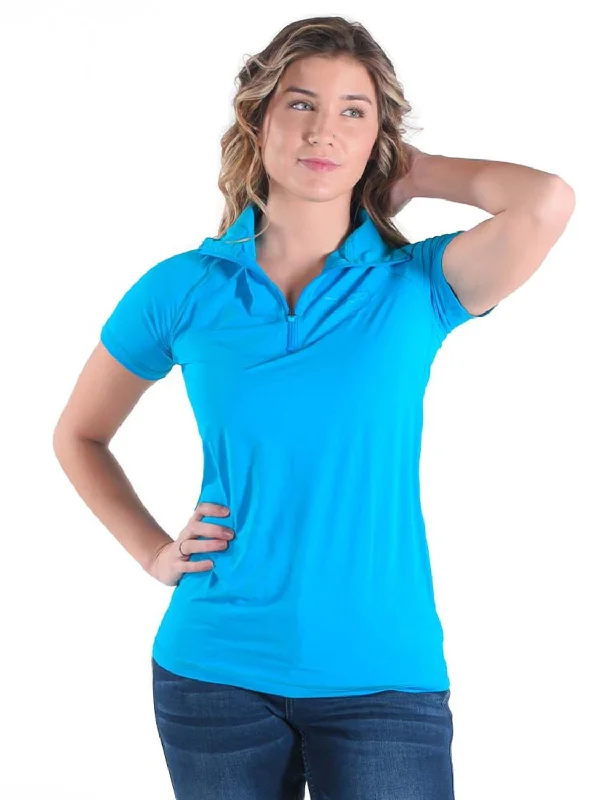Cowgirl Tuff Womens Cooling UPF 1/4 Zip Aqua Nylon S/S T-Shirt Handmade Hand-knitted Hand-woven