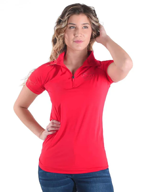 Cowgirl Tuff Womens Cooling UPF 1/4 Zip Bright Red Nylon S/S T-Shirt Modern Contemporary Chic