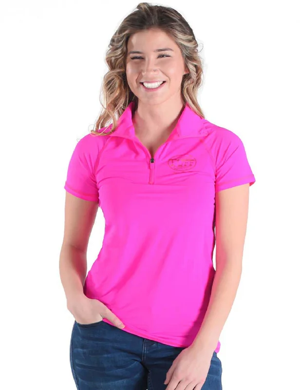 Cowgirl Tuff Womens Cooling UPF 1/4 Zip Hot Pink Nylon S/S T-Shirt Rayon Velvet Corduroy
