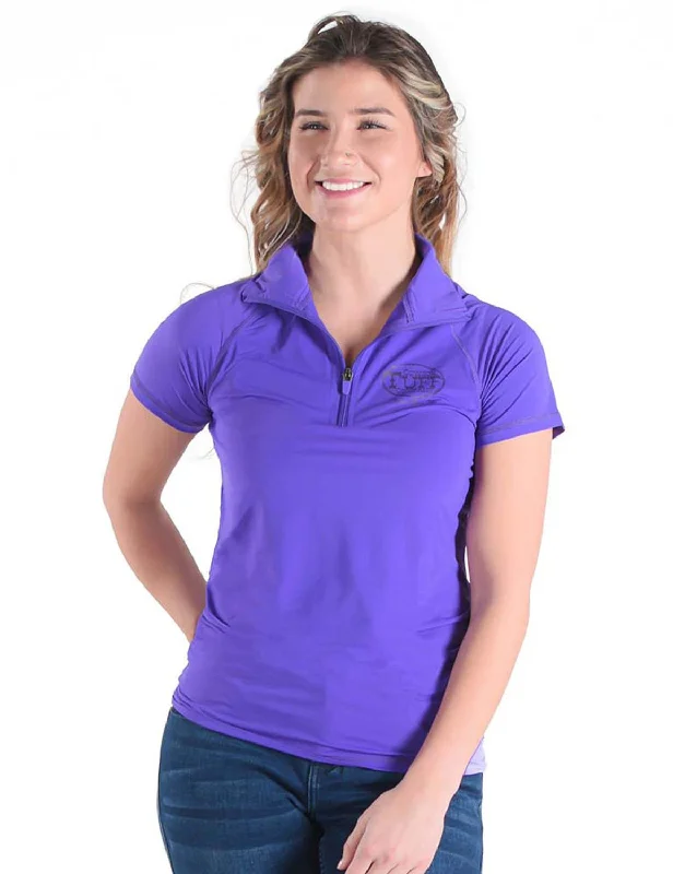 Cowgirl Tuff Womens Cooling UPF 1/4 Zip Purple Nylon S/S T-Shirt Elasticated Padded Insulated