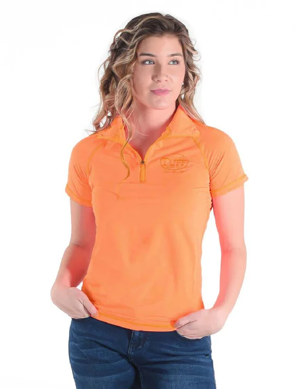 Cowgirl Tuff Womens Cooling UPF 1/4 Zip Tangerine Nylon S/S T-Shirt Hooded Caped Shawl Collar