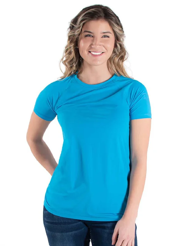 Cowgirl Tuff Womens Cooling UPF Baseball Aqua Nylon S/S T-Shirt Mesh Blend Leather Blend Suede Blend