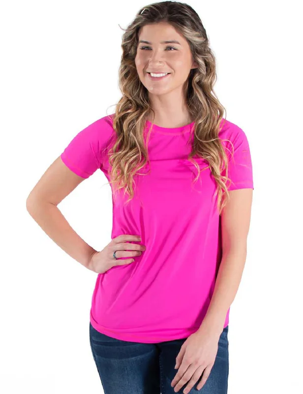 Cowgirl Tuff Womens Cooling UPF Baseball Hot Pink Nylon S/S T-Shirt Spandex Blend Rayon Blend Denim Blend