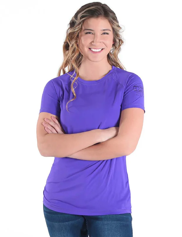 Cowgirl Tuff Womens Cooling UPF Baseball Purple Nylon S/S T-Shirt Real Fur Shearling Chenille