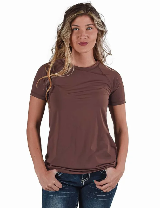 Cowgirl Tuff Womens Cooling UPF Raglan Baseball Brown Nylon S/S T-Shirt Zippered Front Buttoned Front Snap Front