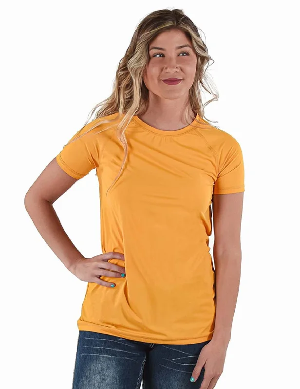 Cowgirl Tuff Womens Cooling UPF Raglan Baseball Gold Nylon S/S T-Shirt Rayon Fabric Velvet Fabric Corduroy Fabric