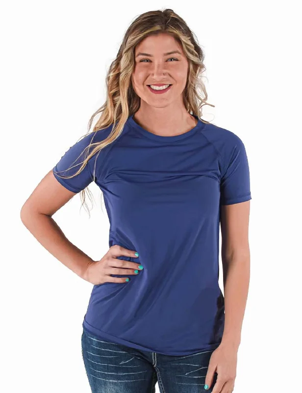 Cowgirl Tuff Womens Cooling UPF Raglan Baseball Indigo Nylon S/S T-Shirt Polka Dot Checkered Tartan