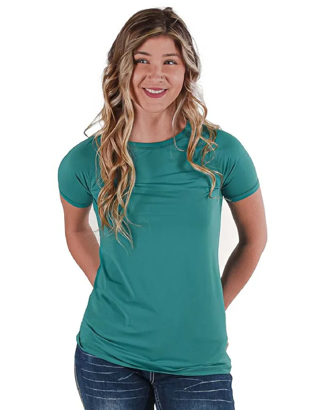 Cowgirl Tuff Womens Cooling UPF Raglan Baseball Jade Nylon S/S T-Shirt Notch Collar Peter Pan Collar Cowl Neck
