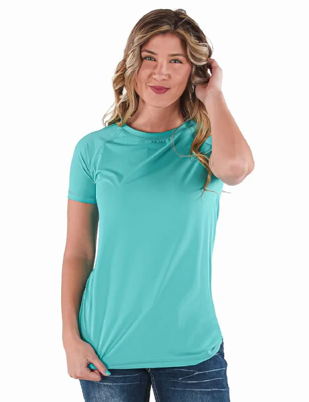 Cowgirl Tuff Womens Cooling UPF Raglan Baseball Turquoise Nylon S/S T-Shirt Hooded Caped Shawl Collar