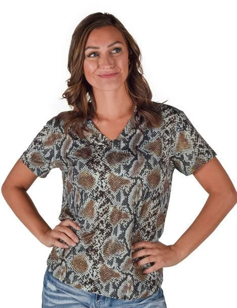 Cowgirl Tuff Womens Flowy V-Neck Snake Dusty Blue Poly/Spandex S/S T-Shirt Plaid T-Shirt Polka Dot Checkered