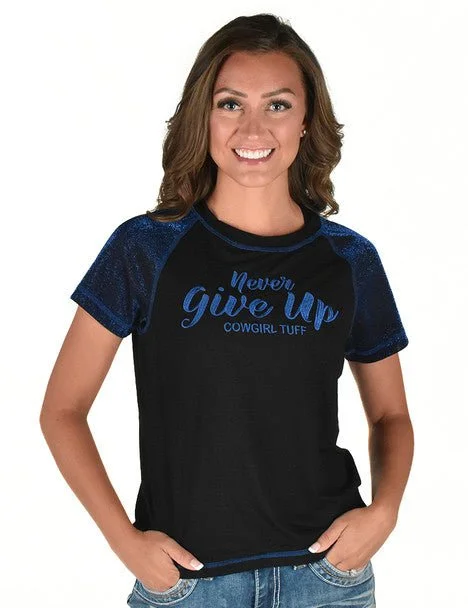 Cowgirl Tuff Womens Never Give Up Shimmer Blue Nylon S/S T-Shirt Zippered Buttoned Snapped