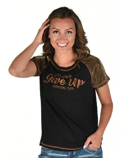 Cowgirl Tuff Womens Never Give Up Shimmer Copper Nylon S/S T-Shirt Hooded Caped Shawl Collar