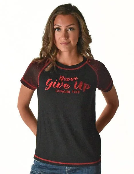 Cowgirl Tuff Womens Never Give Up Shimmer Dark Red Nylon S/S T-Shirt Modern Contemporary Chic