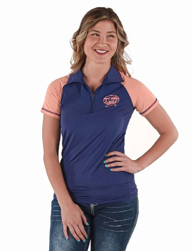 Cowgirl Tuff Womens Quarter Zip Cooling UPF Indigo/Coral Nylon S/S T-Shirt Faux Fur Fabric Real Fur Fabric Shearling Fabric