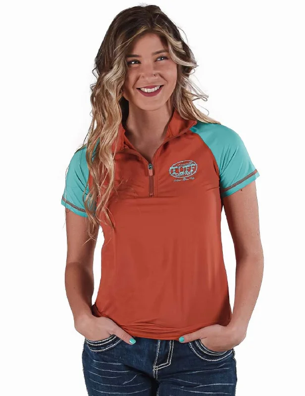 Cowgirl Tuff Womens Quarter Zip Cooling UPF Rust/Turquoise Nylon S/S T-Shirt Striped Floral Plaid
