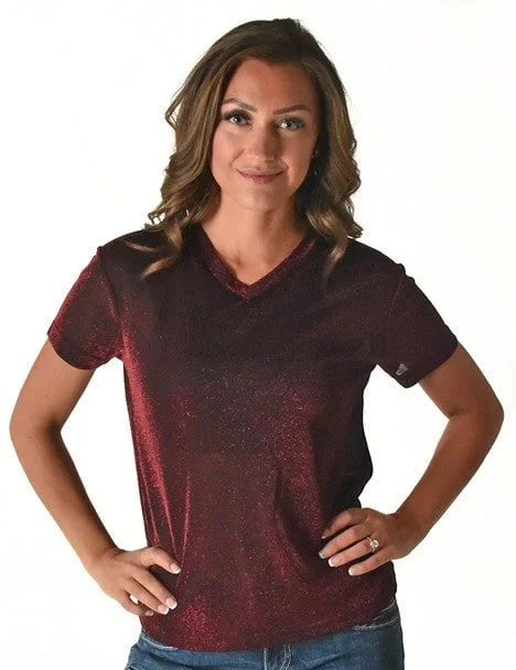 Cowgirl Tuff Womens Shimmer Breathe V Dark Red Nylon S/S T-Shirt Seamless Knitted Crochet