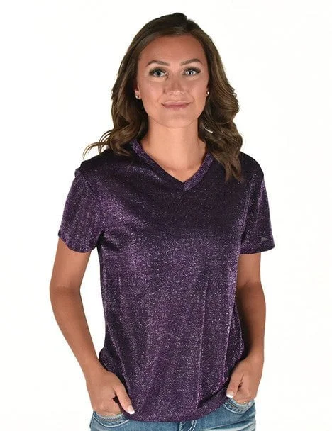 Cowgirl Tuff Womens Shimmer Breathe V Purple Nylon S/S T-Shirt Fashionable Trendy Casual