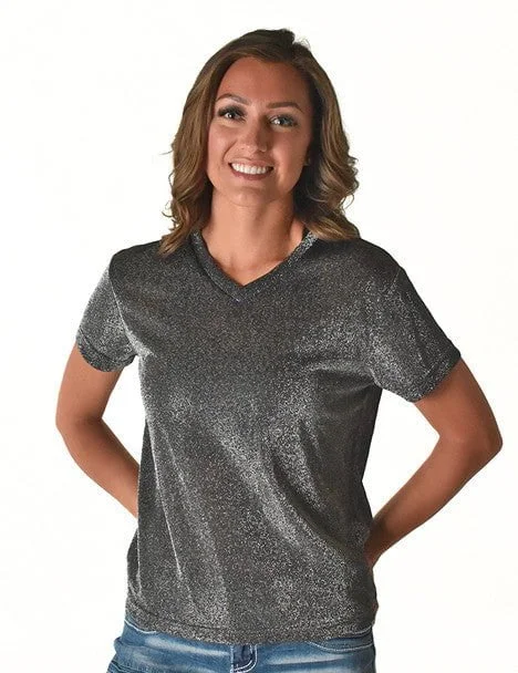 Cowgirl Tuff Womens Shimmer Breathe V Silver Nylon S/S T-Shirt Chenille Brocade Lace