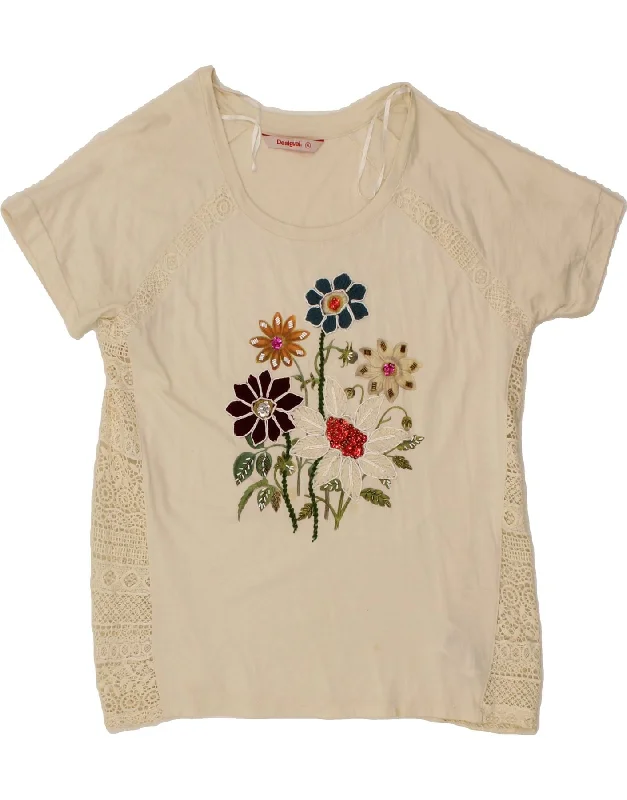 DESIGUAL Womens T-Shirt Top UK 18 XL Beige Floral Cotton