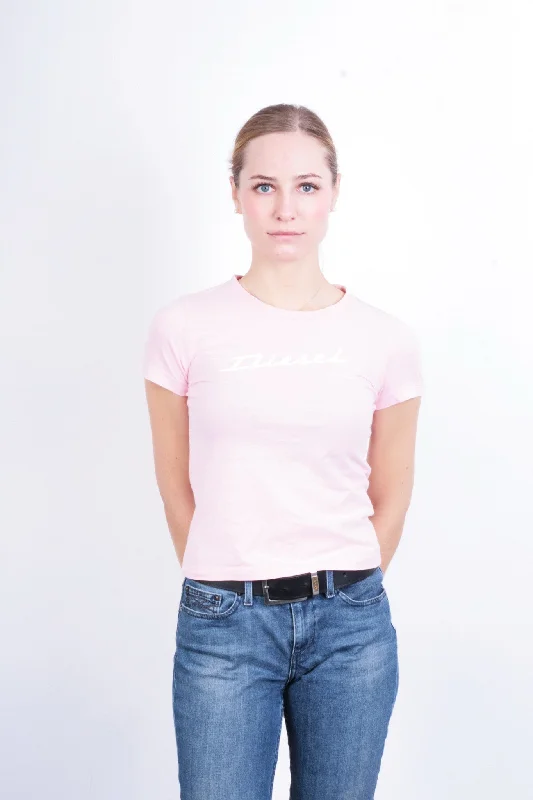 Diesel Womens S T-Shirt Pink Crew Neck Cotton Summer