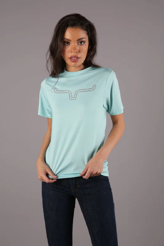 Kimes Ranch Womens Outlier Tech Tee Aqua Cotton Blend S/S T-Shirt Front Pockets Side Pockets Patch Pockets