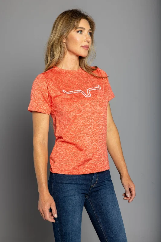 Kimes Ranch Womens Outlier Tech Tee Baked Apple Heather Cotton Blend S/S T-Shirt Notch Collar Peter Pan Collar Cowl Neck