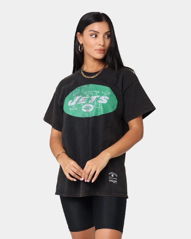 Mitchell and Ness New York Jets Oversized Extra Large Logo T-Shirt Vintage Black Collared T-Shirt Boat Neck A-Line