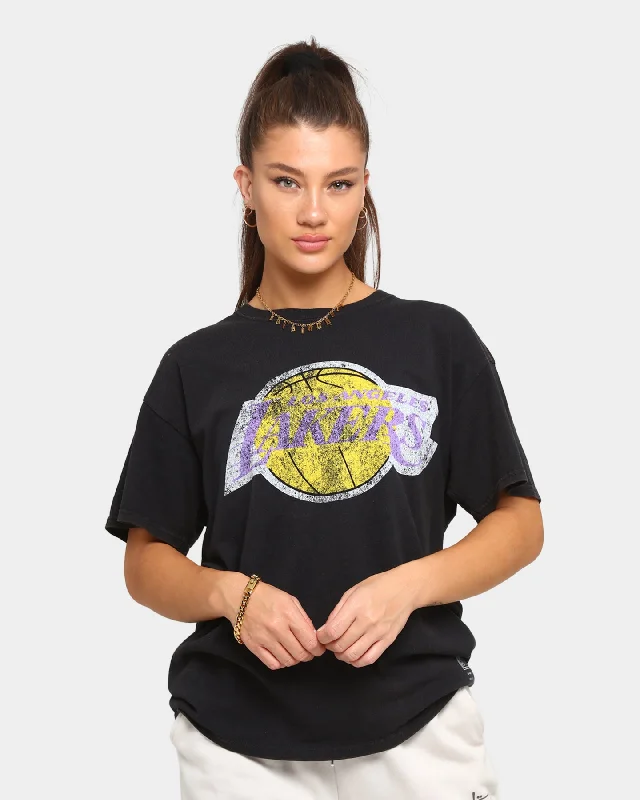 Mitchell & Ness Los Angeles Lakers Oversized Logo Short Sleeve Vintage T-Shirt Vintage Black Notch Collar Peter Pan Collar Cowl Neck