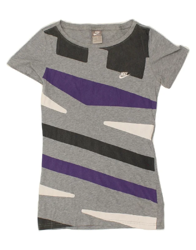 NIKE Womens T-Shirt Top UK 8/10 Small Grey Striped Polyester