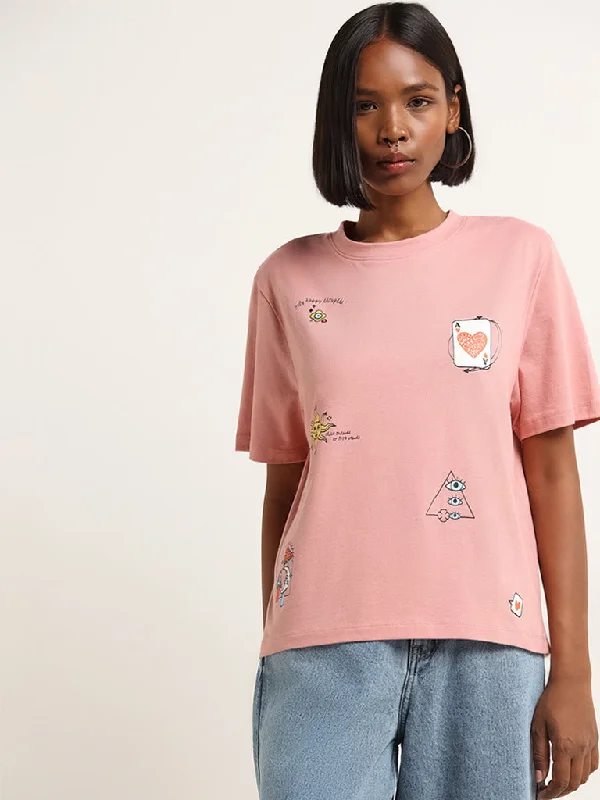 Nuon Pink Contrast Print Cotton Oversized T-Shirt