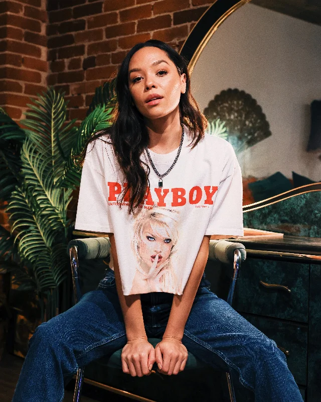 Playboy X Culture Kings Women's Shhh Crop T-Shirt Off White V-Neck T-Shirt Long Sleeve Cotton