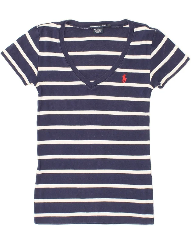 RALPH LAUREN Womens T-Shirt Top UK 8 Small Navy Blue Striped Cotton