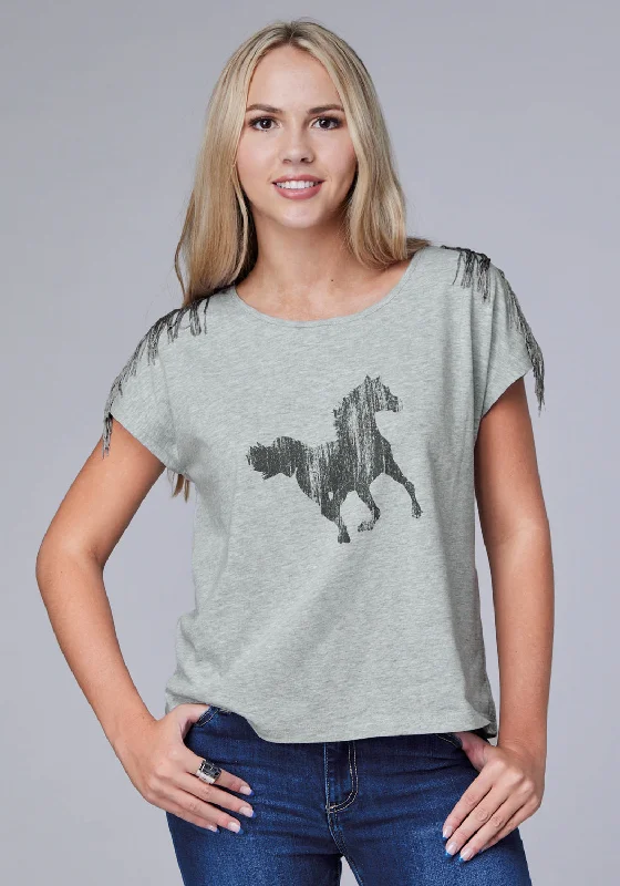 Roper Womens Black Mustang Grey Cotton Blend S/S T-Shirt Beaded Sequined Faux Fur