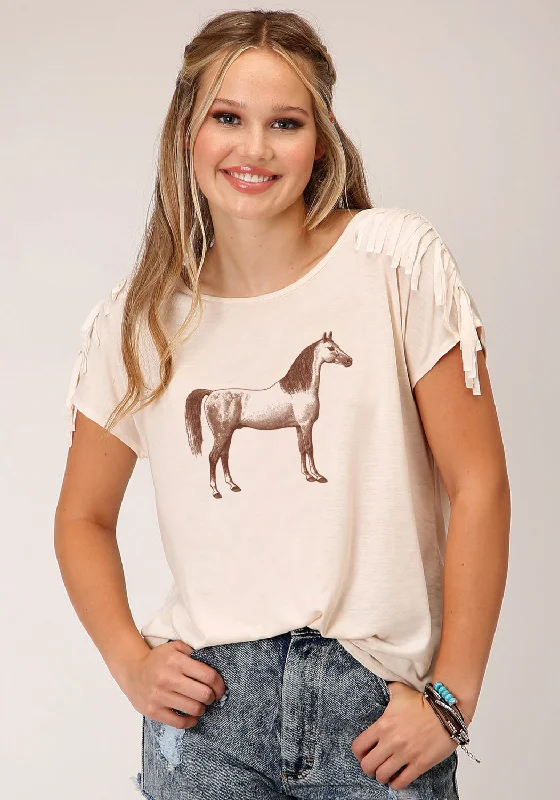 Roper Womens Brown Horse Cream Poly/Rayon S/S T-Shirt Embroidered Appliqued Beaded