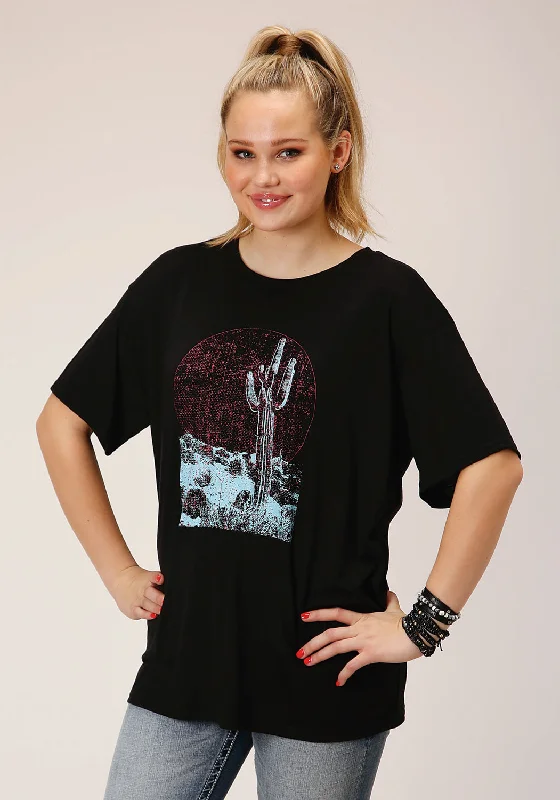 Roper Womens Cactus Moon Black Poly/Rayon S/S T-Shirt Fitted T-Shirt Seamless Stretchy