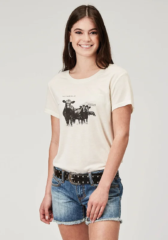 Roper Womens Cow Herd Cream Poly/Cotton S/S T-Shirt Chenille Blend Fleece Blend Nylon Blend