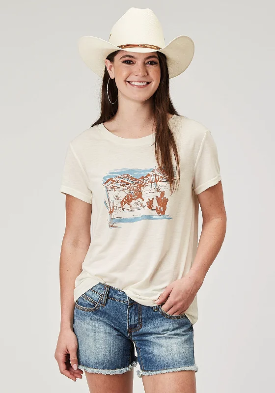 Roper Womens Cowboy Scene Cream Poly/Cotton S/S T-Shirt Ribbed Striped Patterned