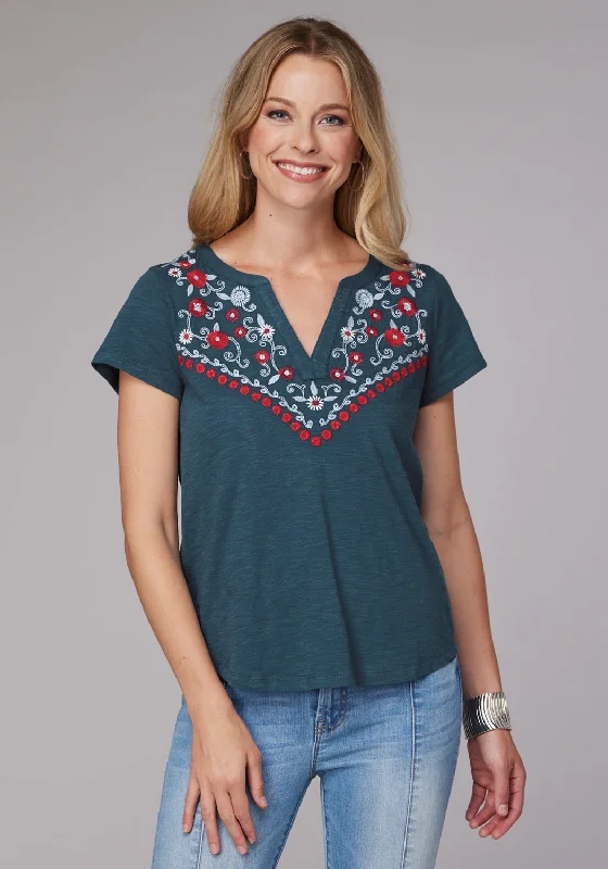 Roper Womens Curved Floral Split V Blue 100% Cotton S/S T-Shirt Handmade Hand-knitted Hand-woven
