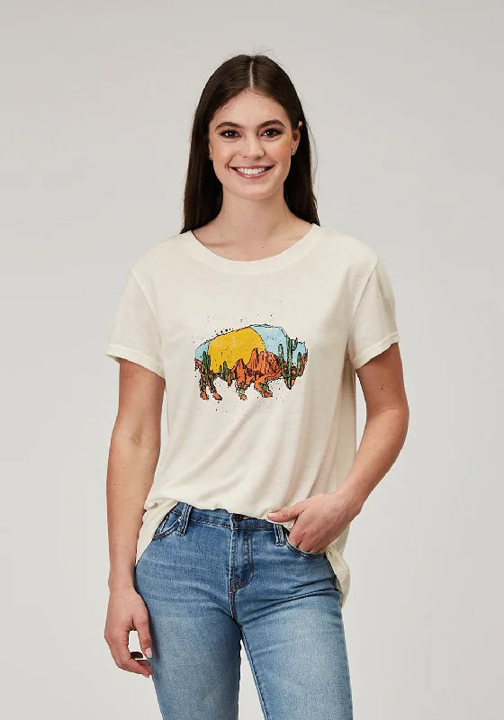Roper Womens Desert Buffalo Cream Poly/Cotton S/S T-Shirt Collared Crew Neck Turtle Neck
