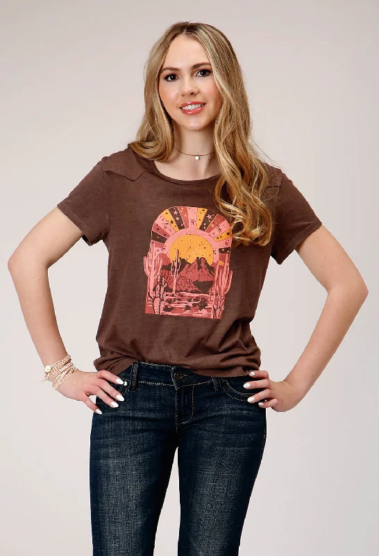 Roper Womens Desert Scene Brown Poly/Rayon S/S T-Shirt Fleece Nylon Spandex